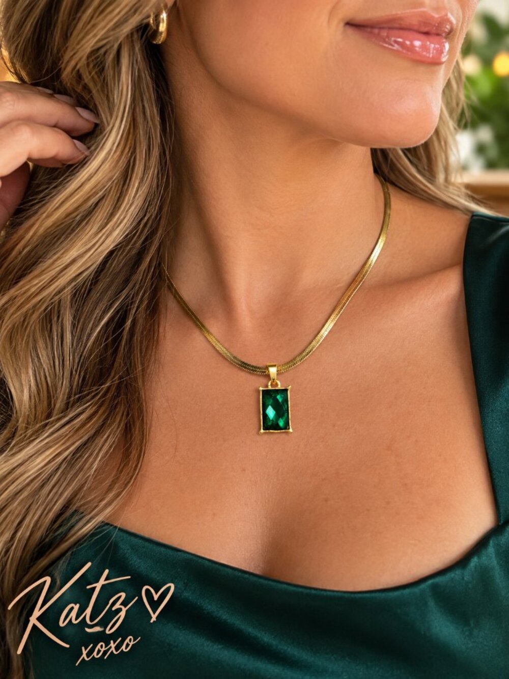 Emerald Green CZ Pendant Necklace 18K Gold Plated Herringbone Chain Stainless